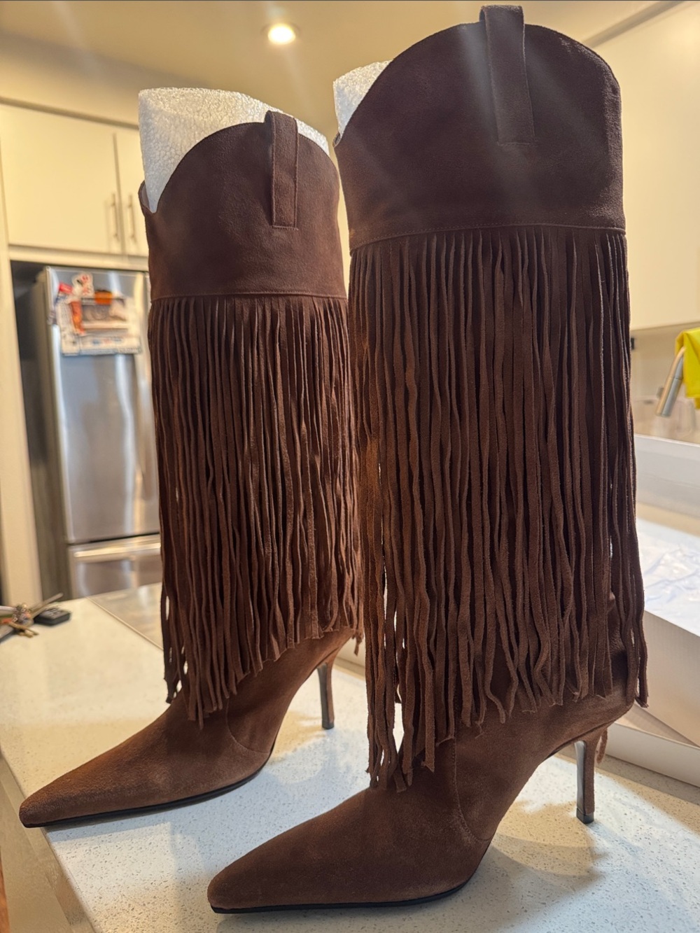 SCHUTZ Brown Suede Fringe Knee-High Heeled Boots